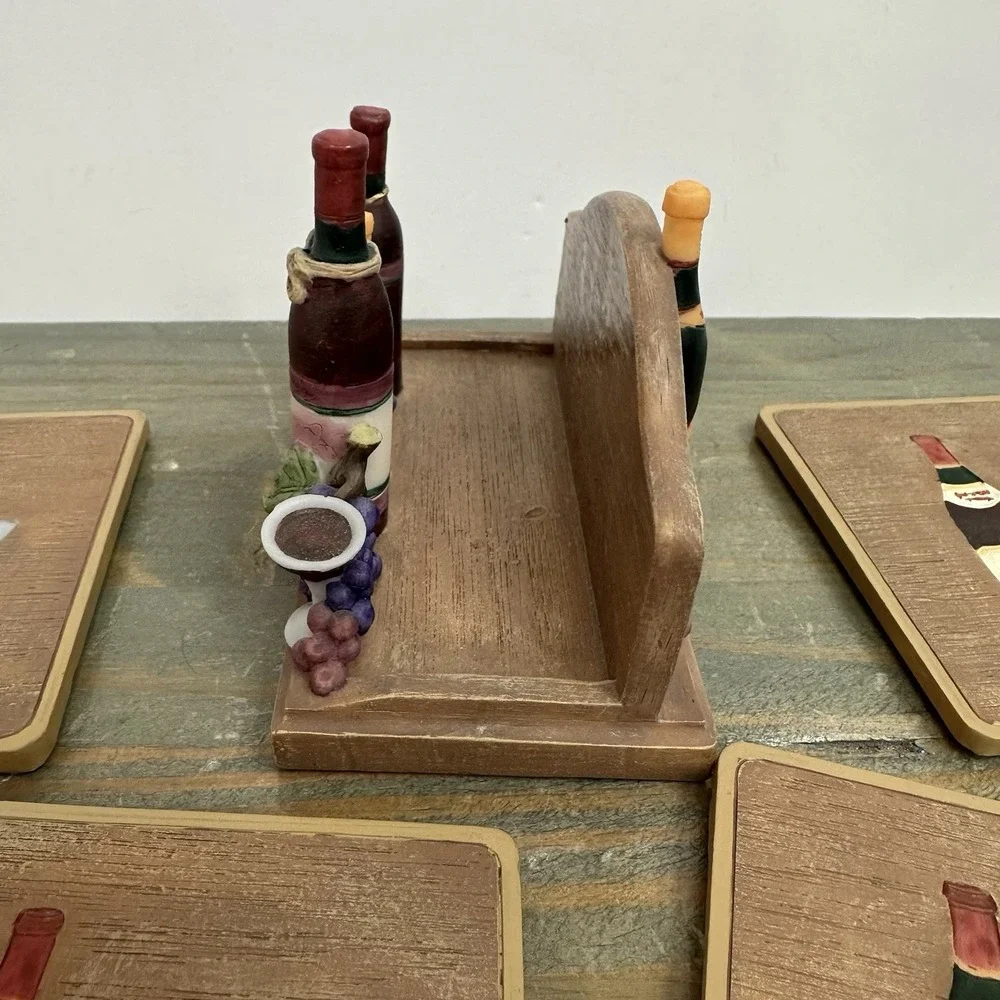 3D Wine Theme Set Of 4 Coasters Resin Holder Grape Vineyard Cork Backing